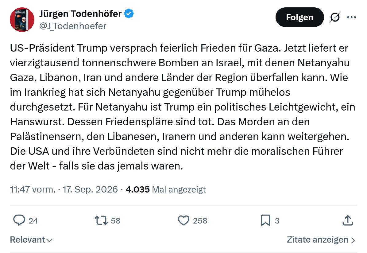 Jürgen Todenhöfer: US-Präsident Trump versprach...