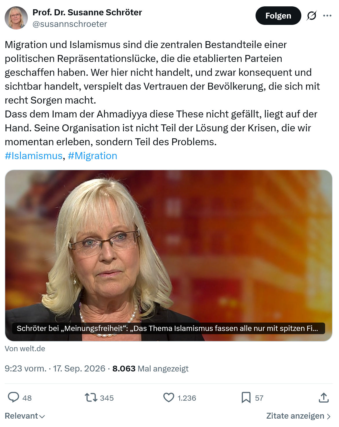 Susanne Schröter: Migration und Islamismus sind die zentralen...