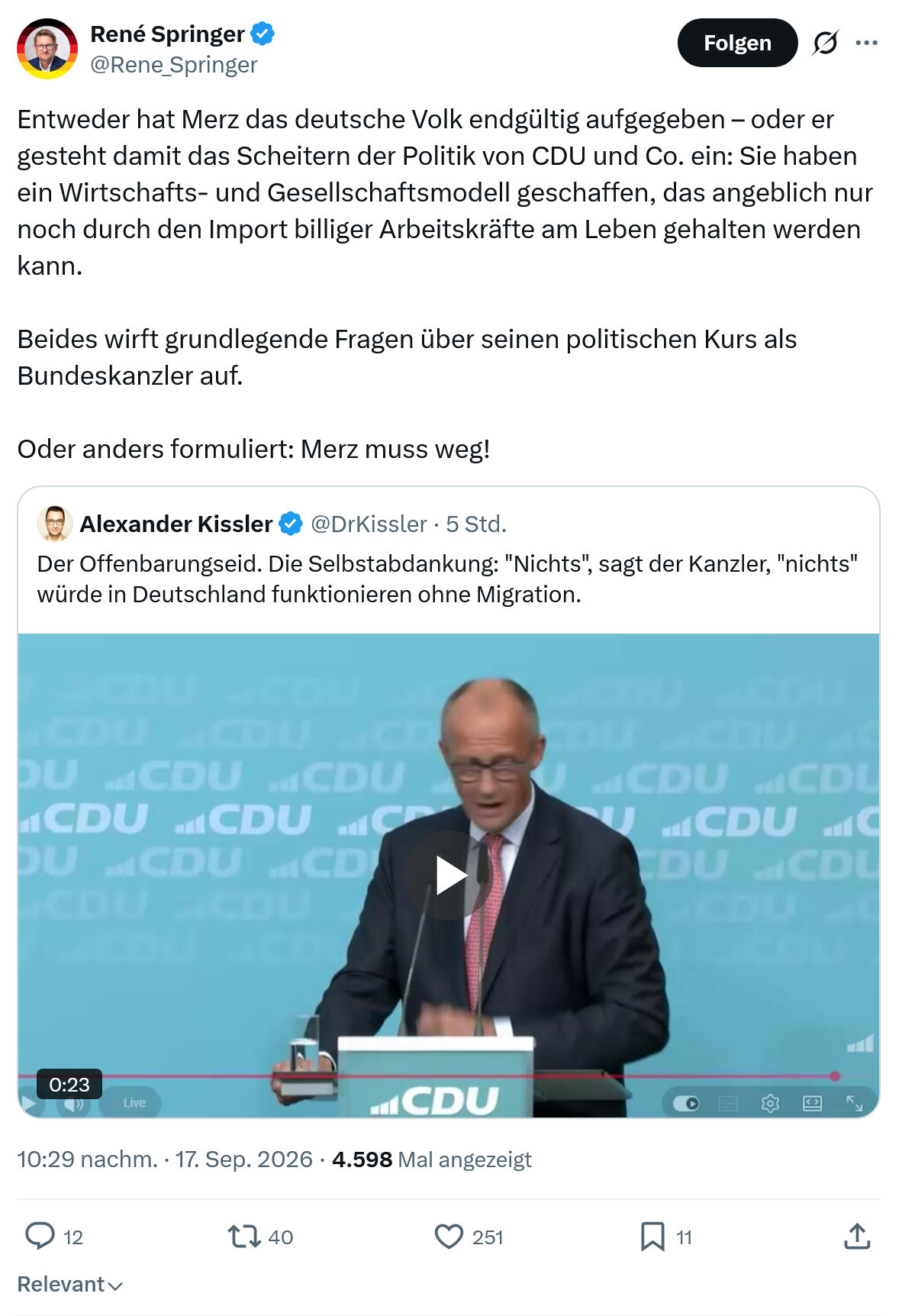 René Springer: Entweder hat Merz das deutsche Volk...