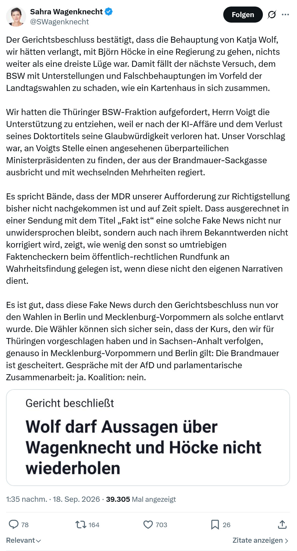 Sahra Wagenknecht: Der Gerichtsbeschluss bestätigt...