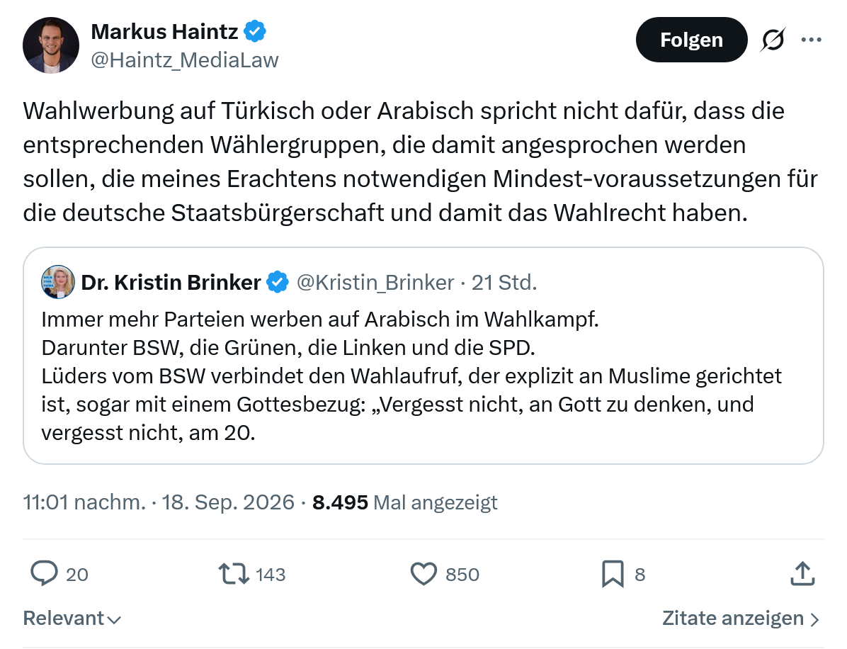 Markus Haintz: Wahlwerbung auf Türkisch oder Arabisch...