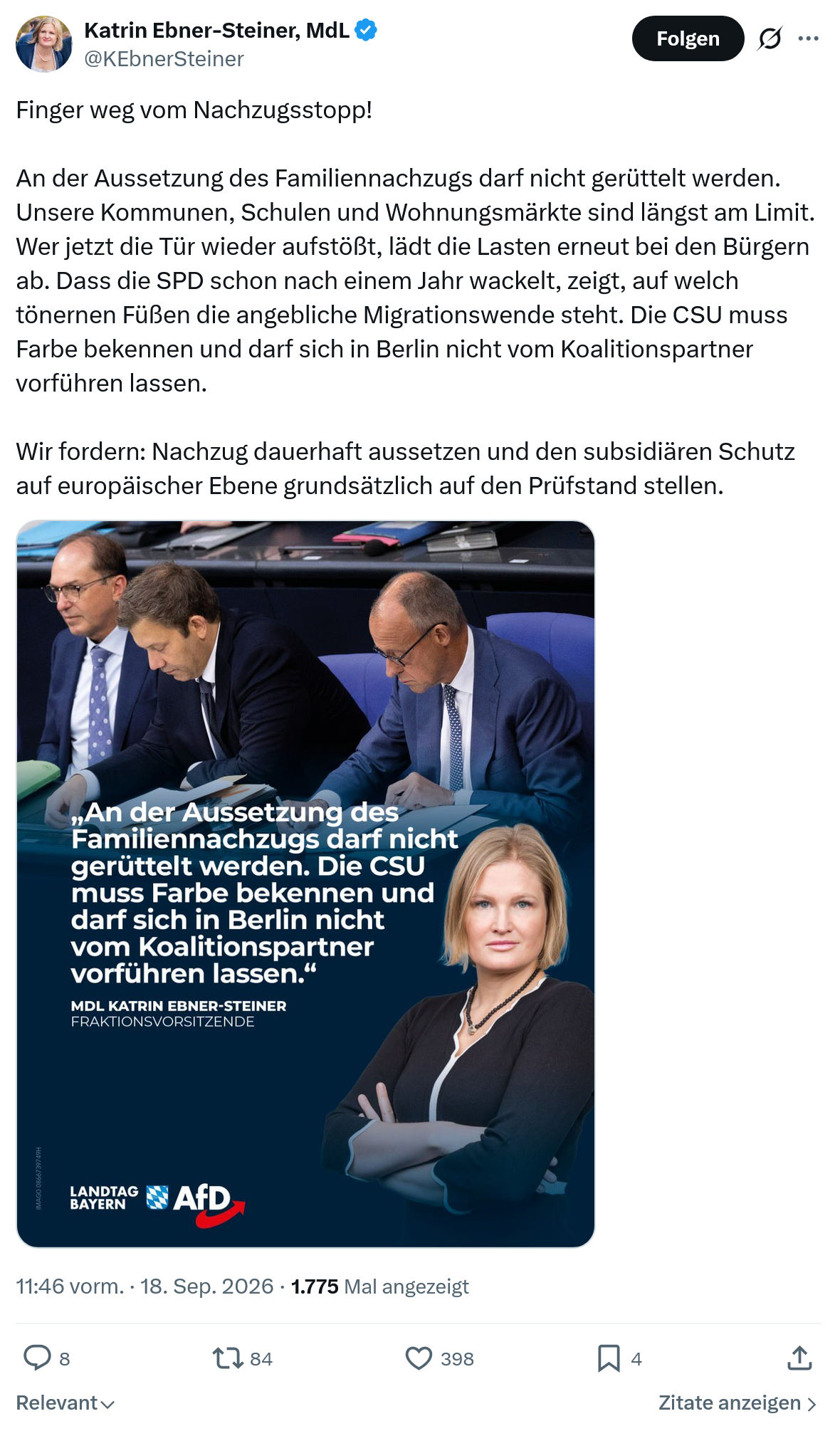 Katrin Ebner-Steiner: Finger weg vom Nachzugsstopp...