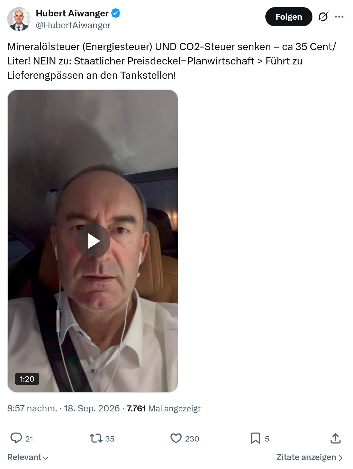 Hubert Aiwanger: Mineralölsteuer (Energiesteuer)...