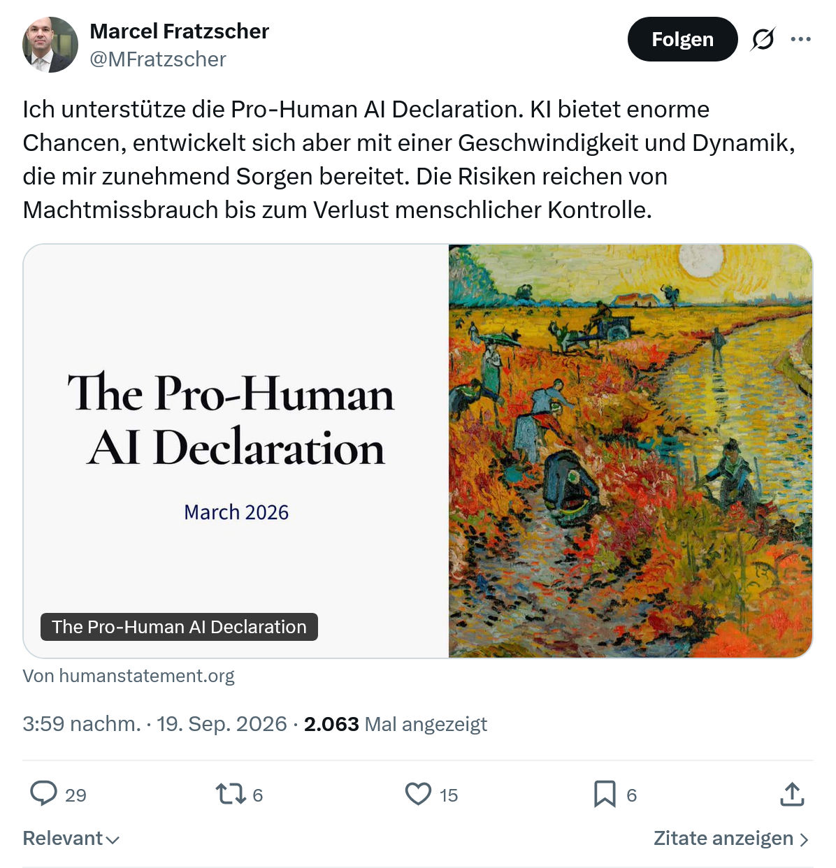 Marcel Fratzscher: Ich unterstütze die Pro-Human AI Declaration...