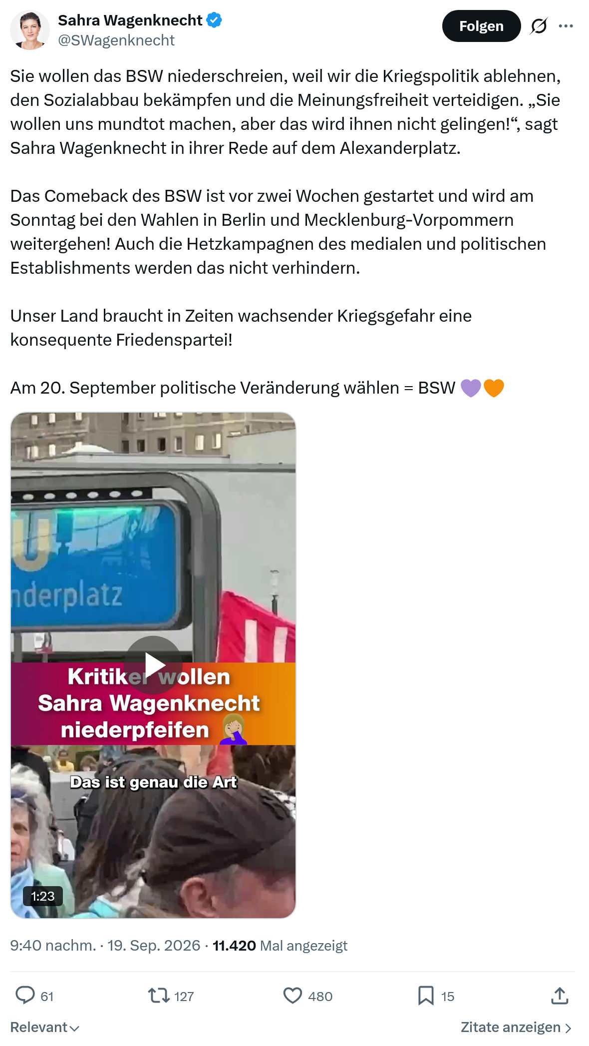 Sahra Wagenknecht: Sie wollen das BSW niederschreien...