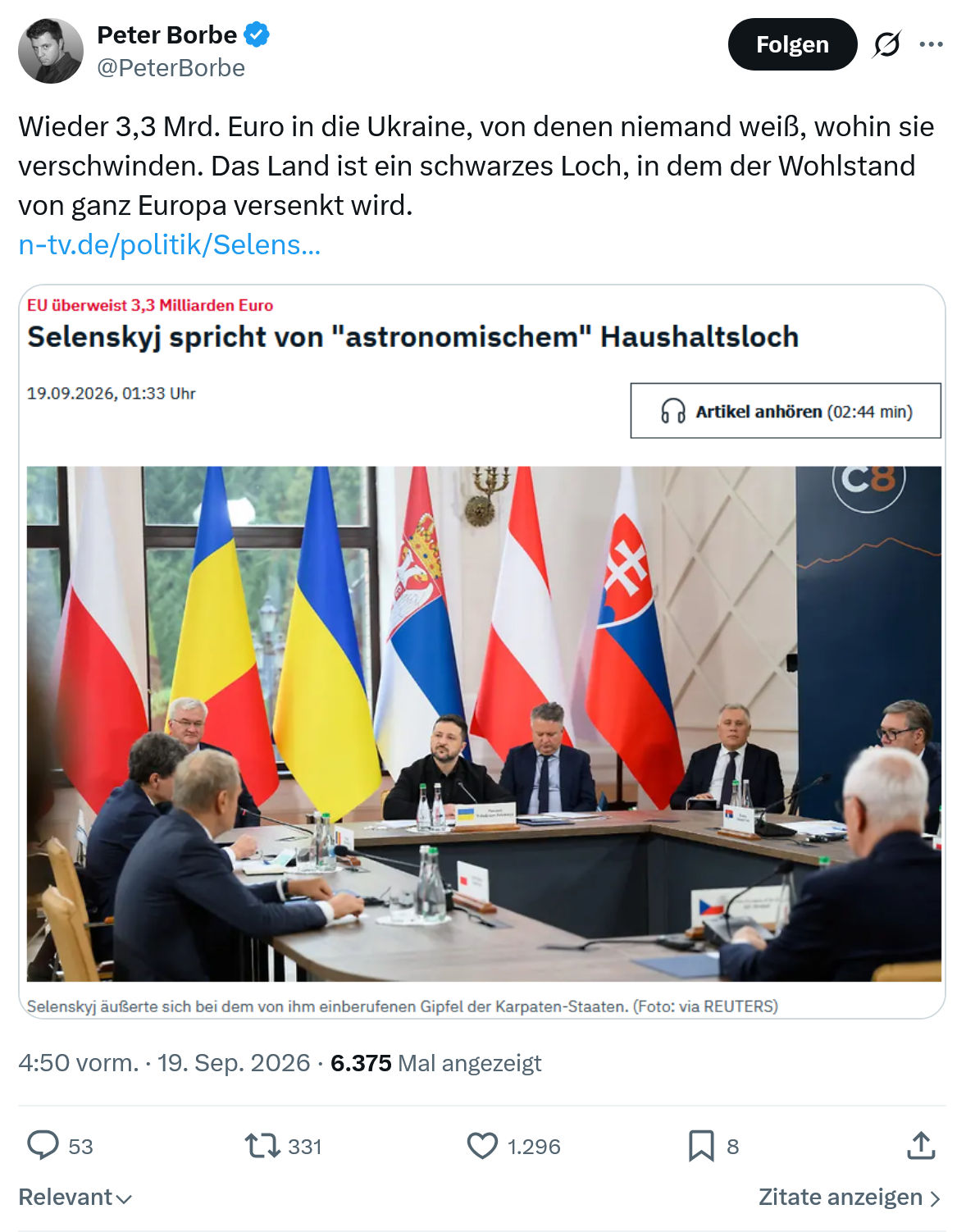 Peter Borbe: Wieder 3,3 Mrd. Euro...