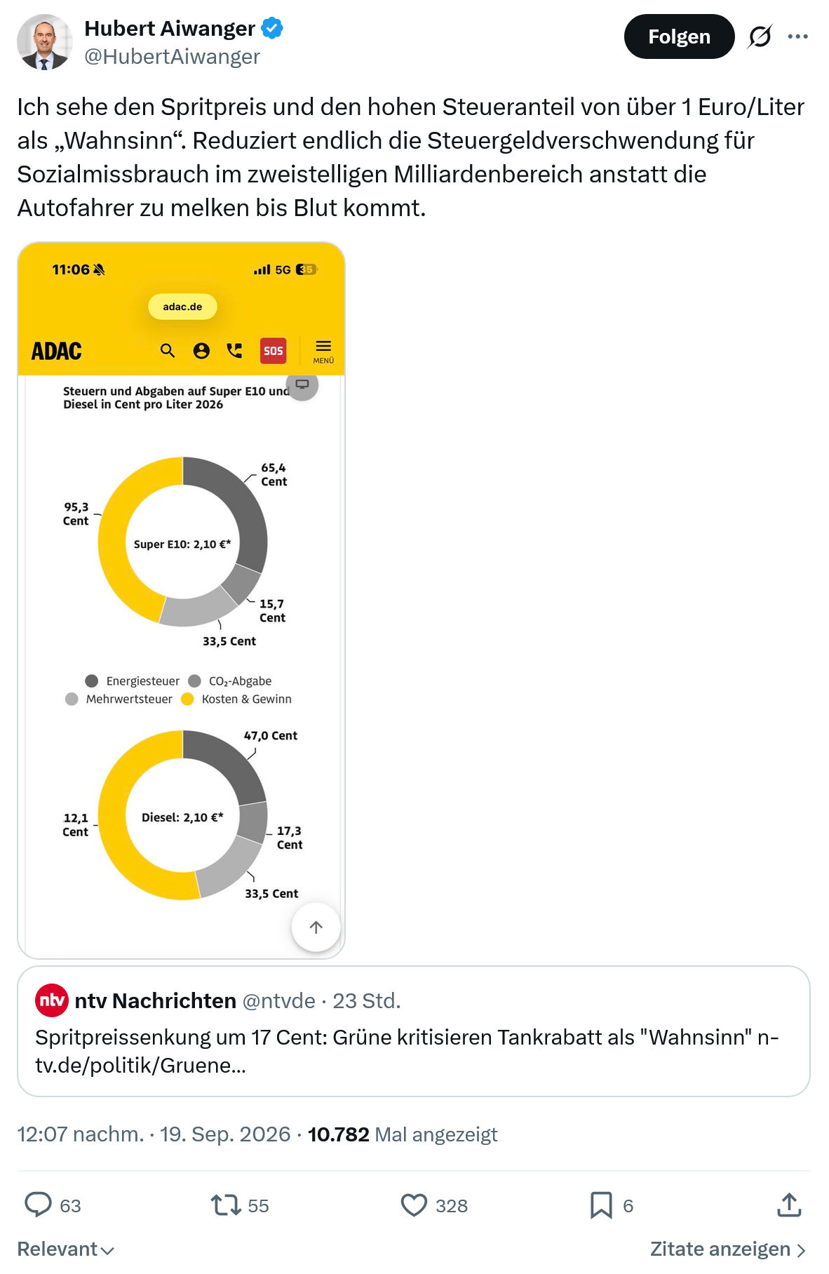 Hubert Aiwanger: Ich sehe den Spritpreis...