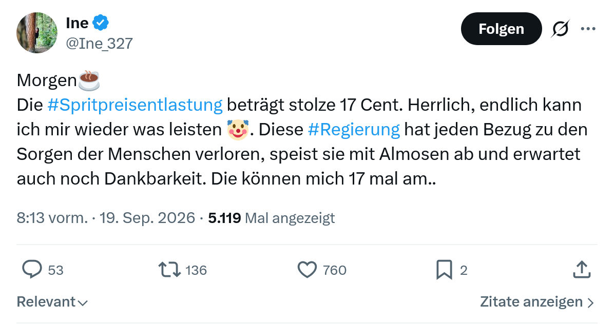 Ine: Die #Spritpreisentlastung beträgt...