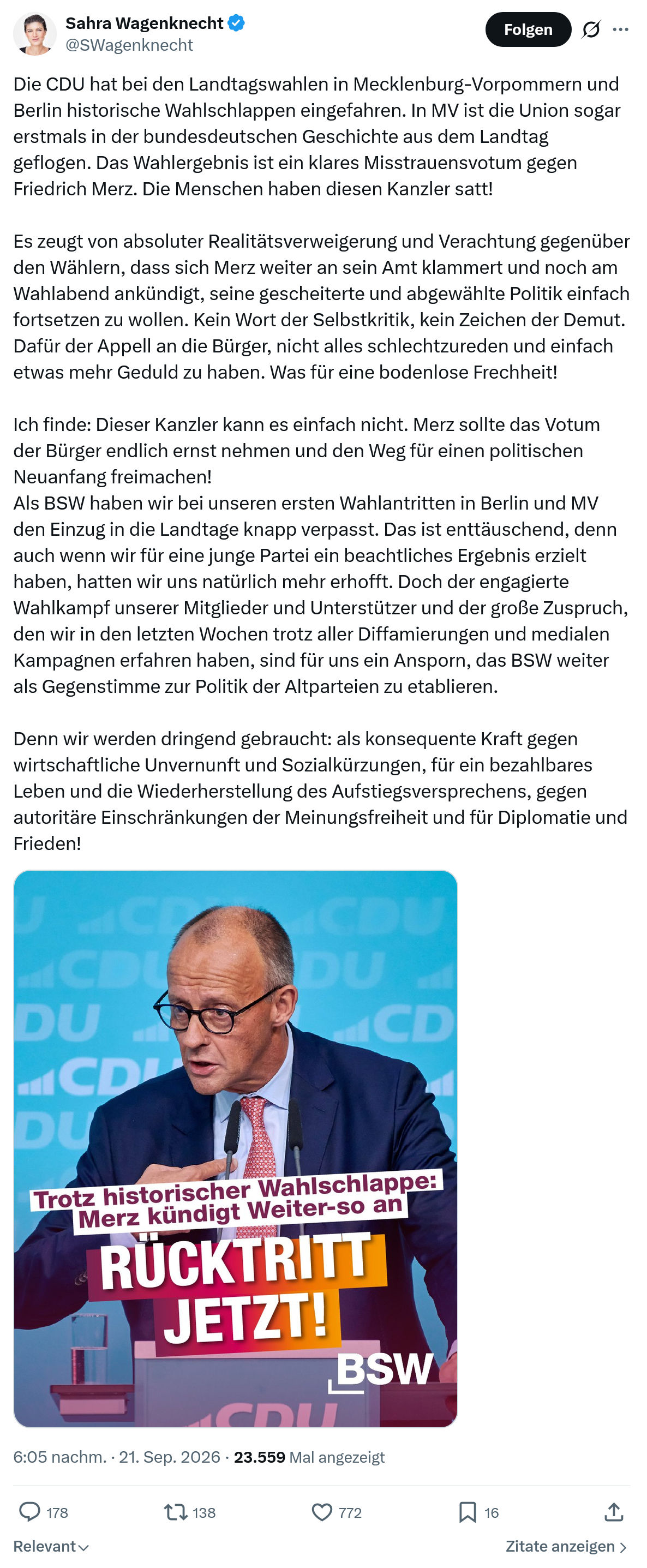 Sahra Wagenknecht: Die CDU hat bei den Landtagswahlen...