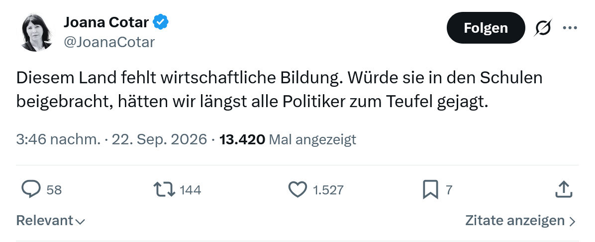 Joana Cotar: Diesem Land fehlt wirtschaftliche Bildung...