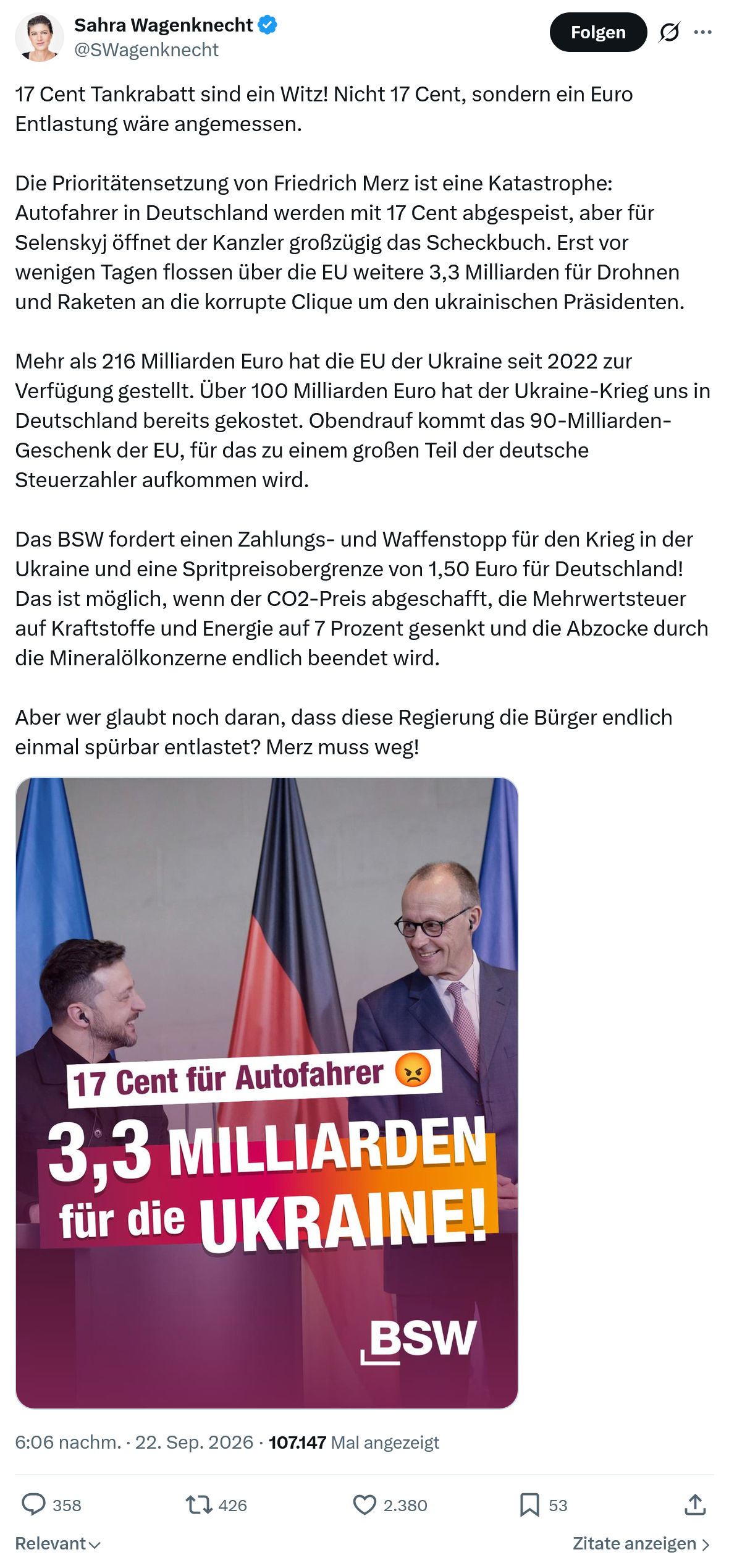 Sahra Wagenknecht: 17 Cent Tankrabatt sind ein Witz...
