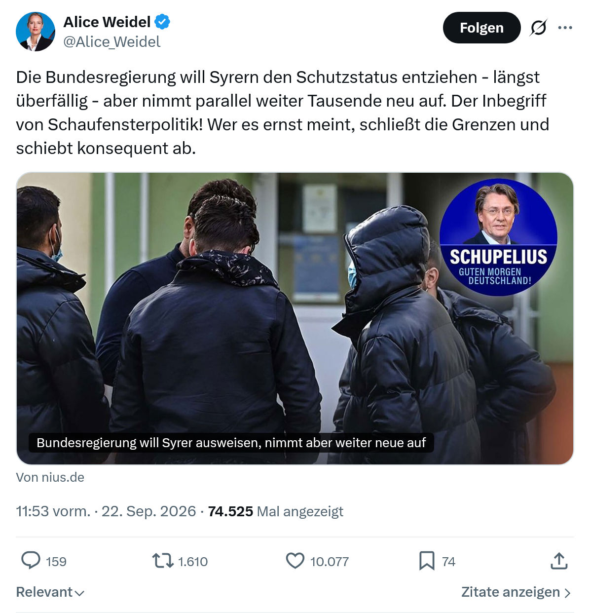 Alice Weidel: Die Bundesregierung will Syrern...