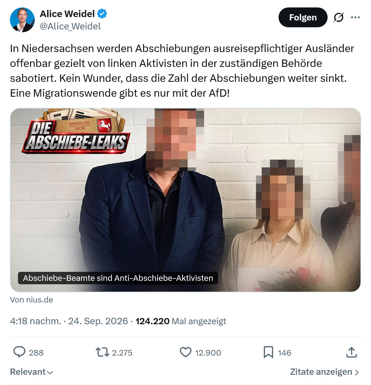 Alice Weidel: In Niedersachsen werden Abschiebungen...