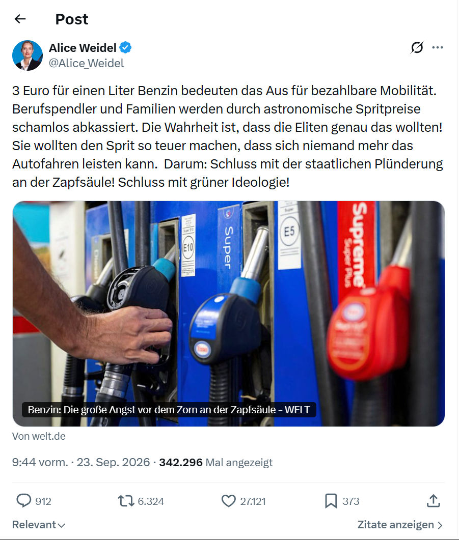 Alice Weidel: 3 Euro für einen Liter Benzin...