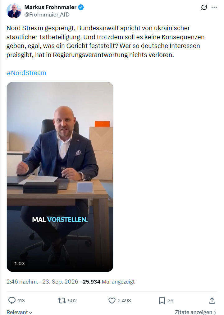 Markus Frohnmaier: Nord Stream gesprengt...