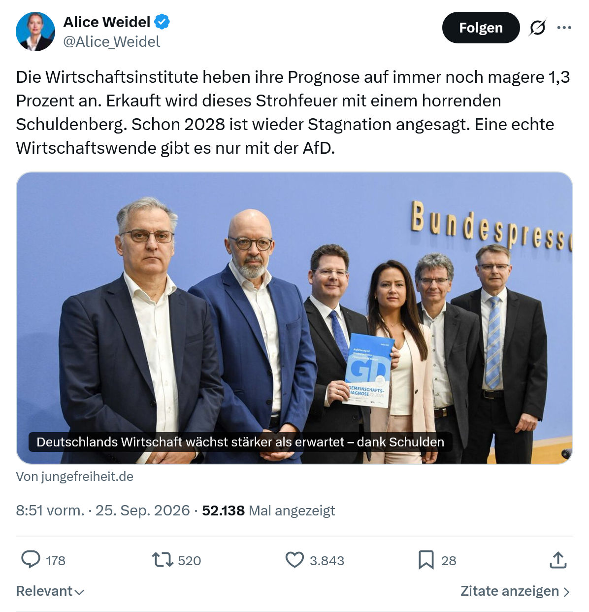 Alice Weidel: Die Wirtschaftsinstitute heben ihre Prognose...