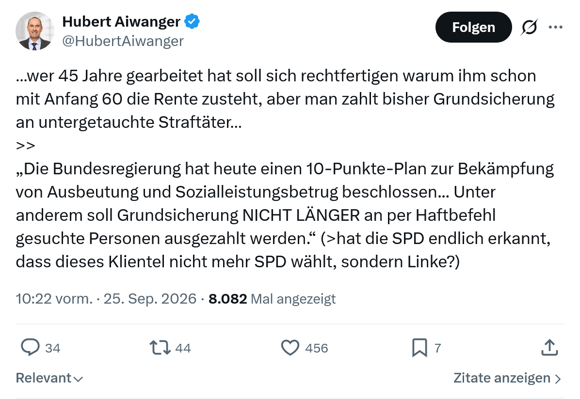 Hubert Aiwanger: wer 45 Jahre gearbeitet...