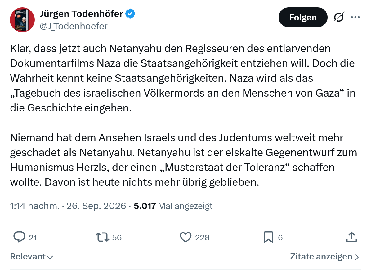 Jürgen Todenhöfer: Klar, dass jetzt auch Netanyahu...