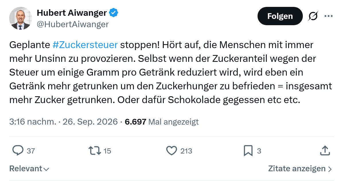 Hubert Aiwanger: Geplante #Zuckersteuer stoppen...