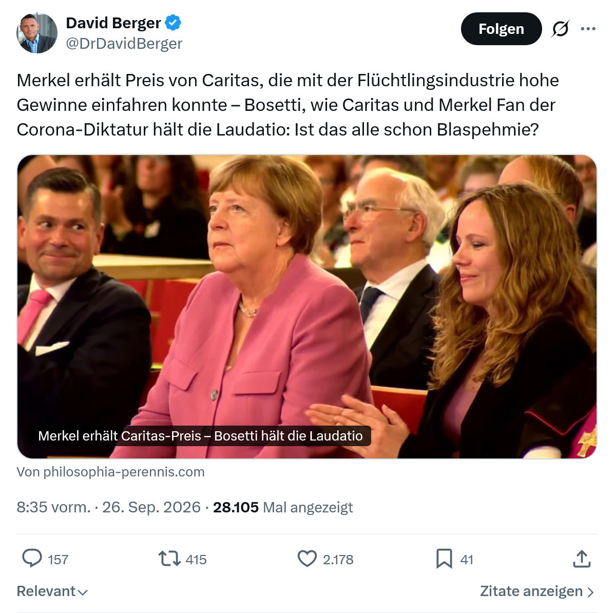 David Berger: Merkel erhält Preis von Caritas...