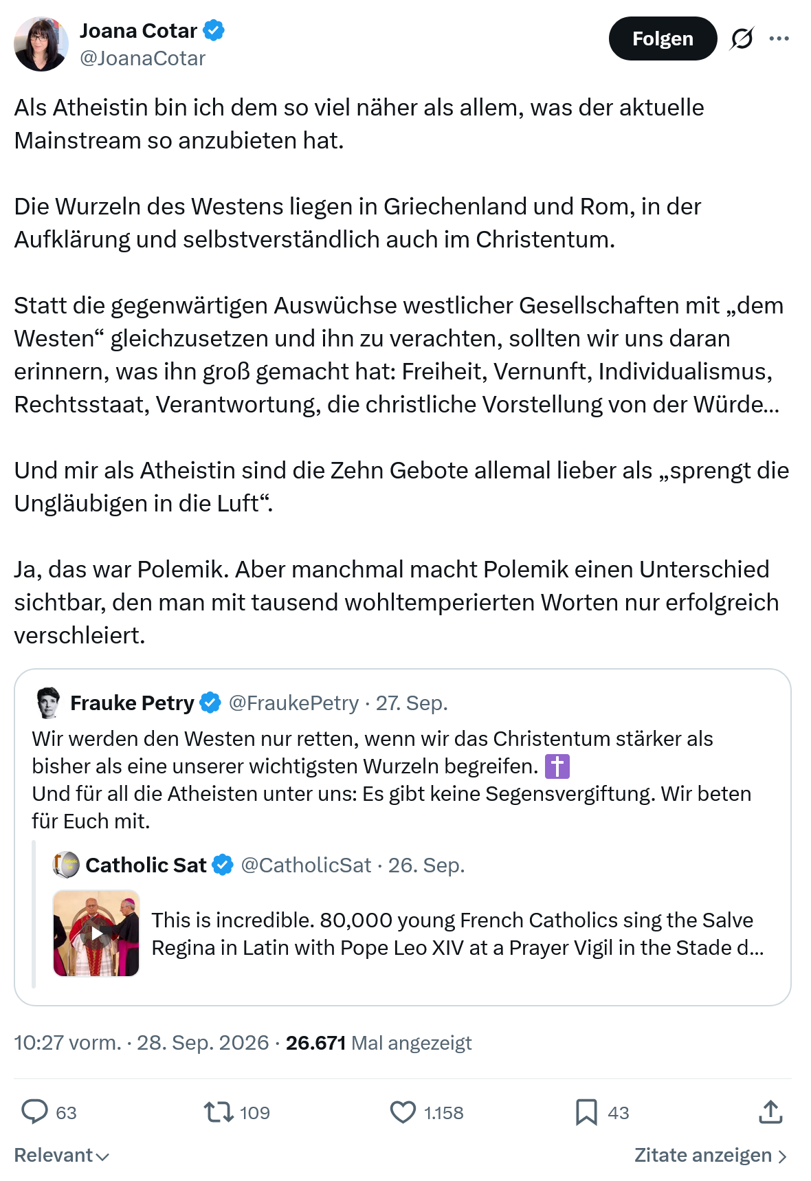 Joana Cotar: Als Atheistin bin ich dem so viel...