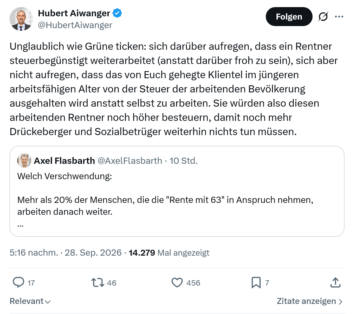 Hubert Aiwanger: Unglaublich wie Grüne ticken...