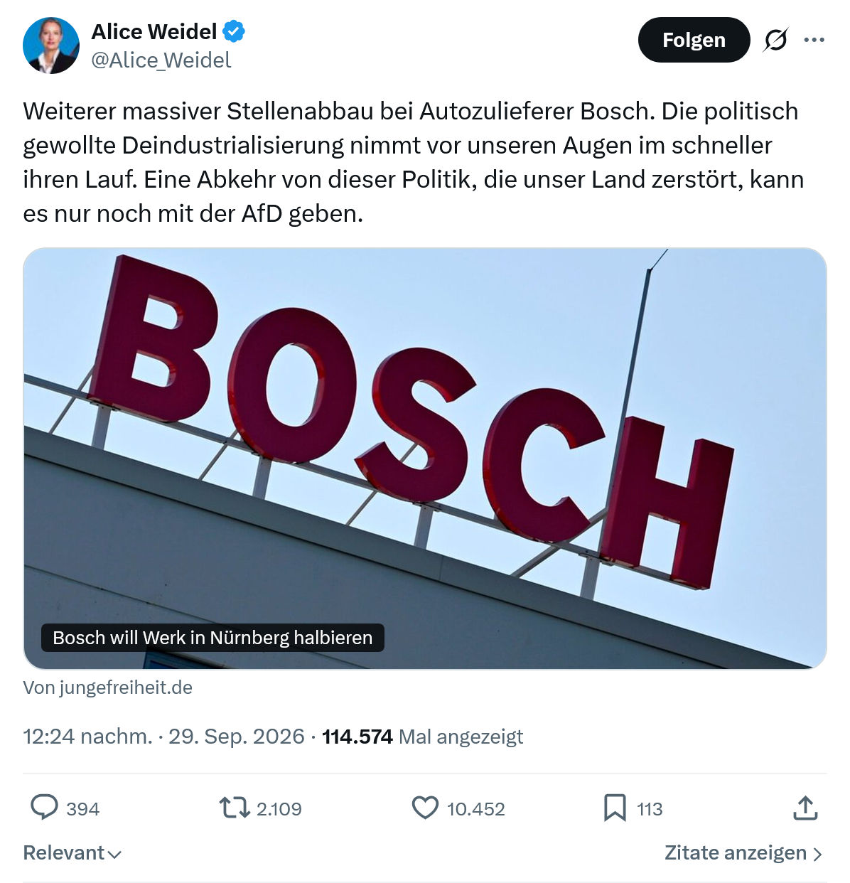 Alice Weidel: Weiterer massiver Stellenabbau...
