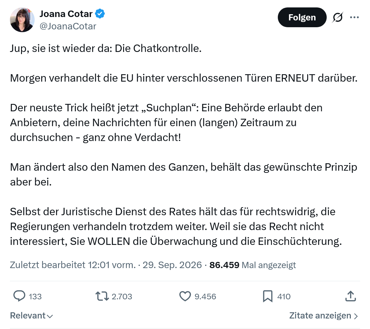 Joana Cotar: Jup, sie ist wieder da...