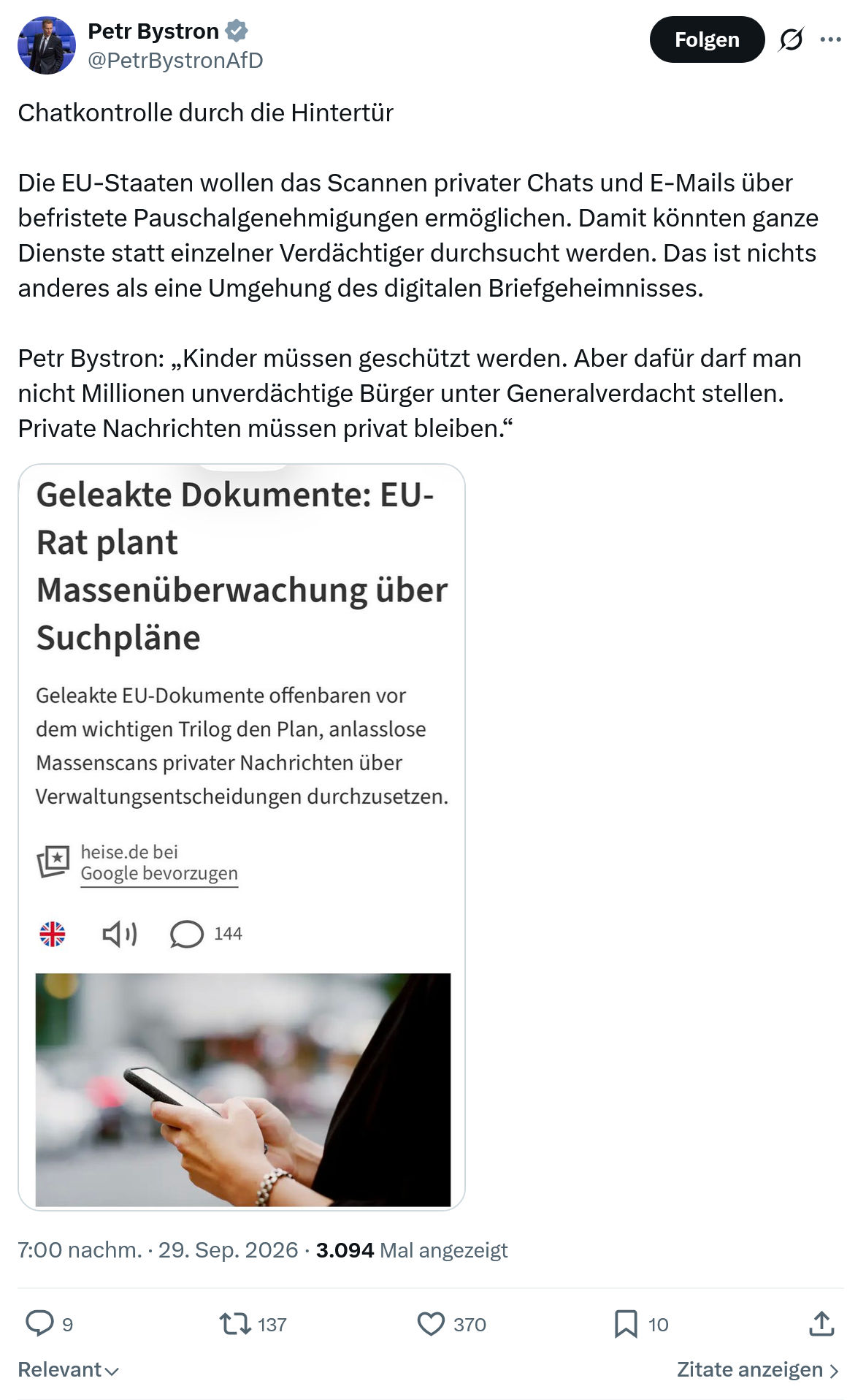 Petr Bystron: Chatkontrolle durch die Hintertür...