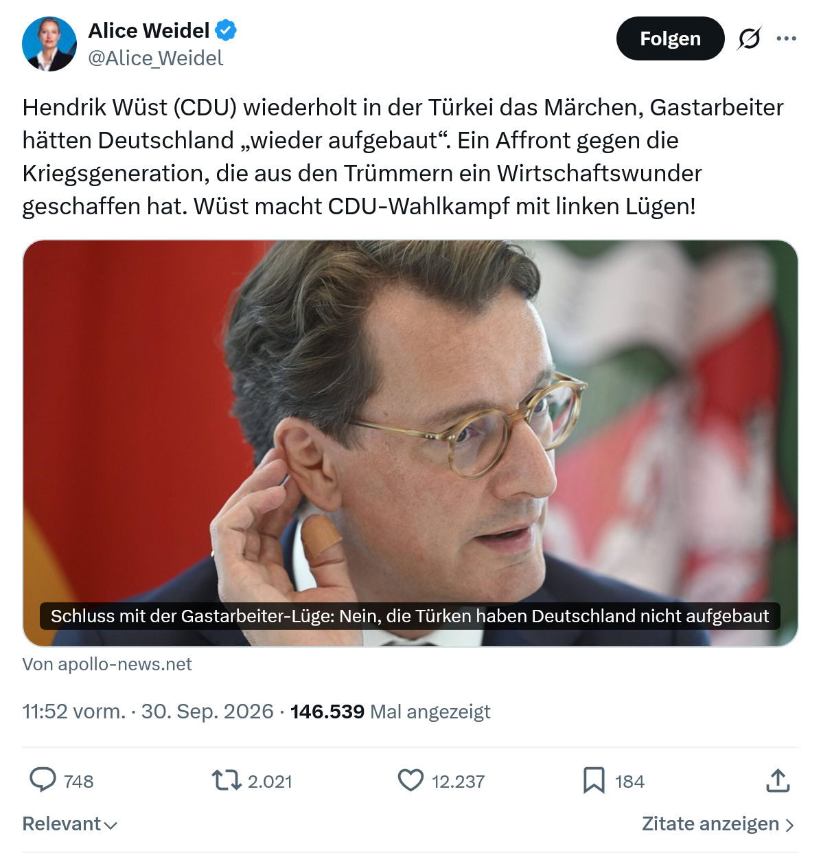 Alice Weidel: Hendrik Wüst (CDU) wiederholt...