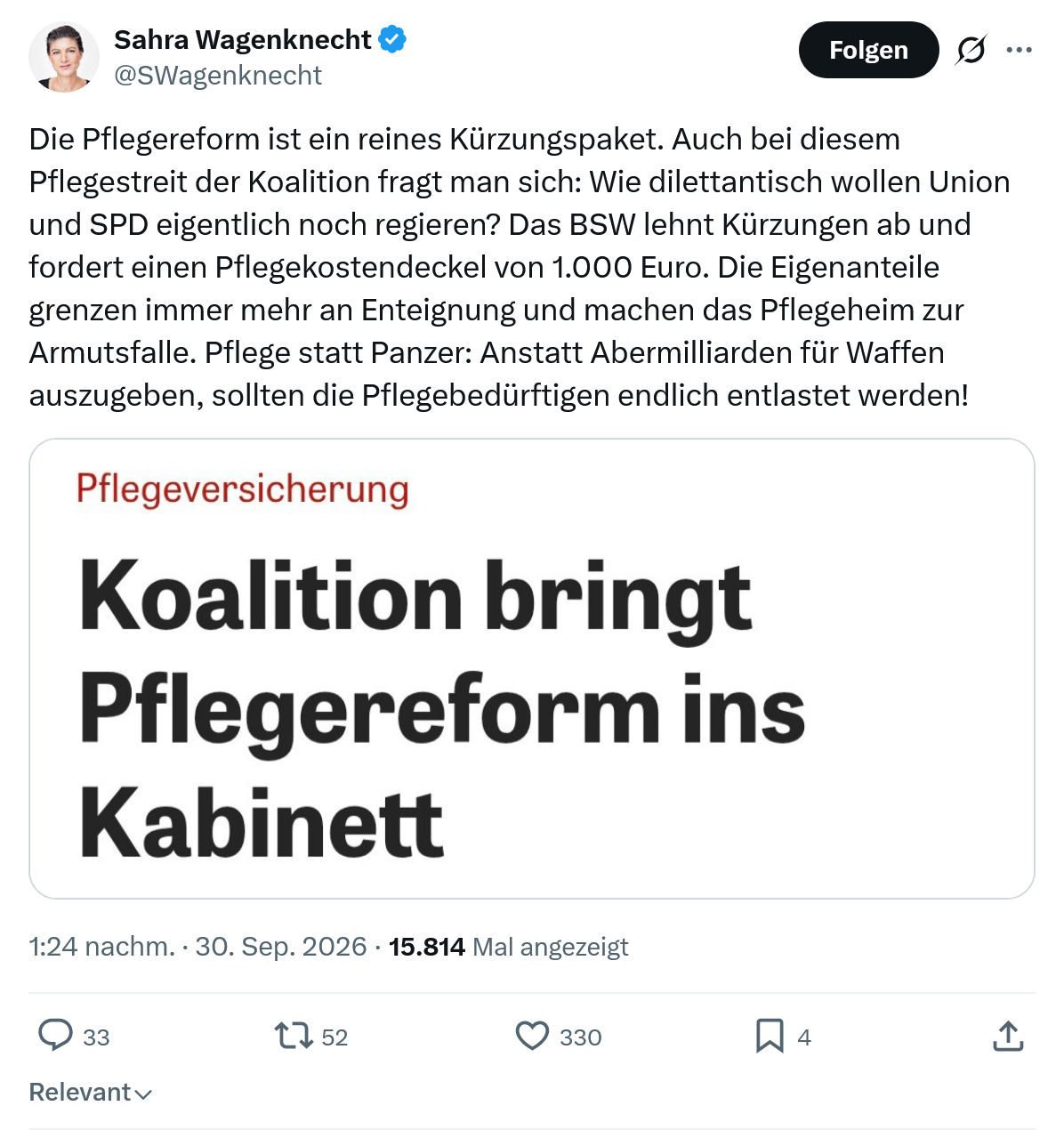 Sahra Wagenknecht: Die Pflegereform ist ein reines...