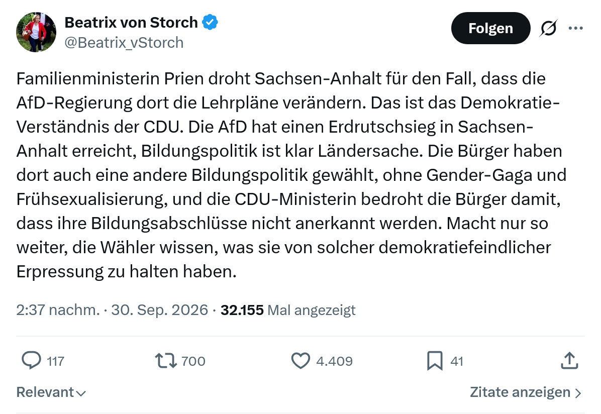 Beatrix von Storch: Familienministerin Prien droht...