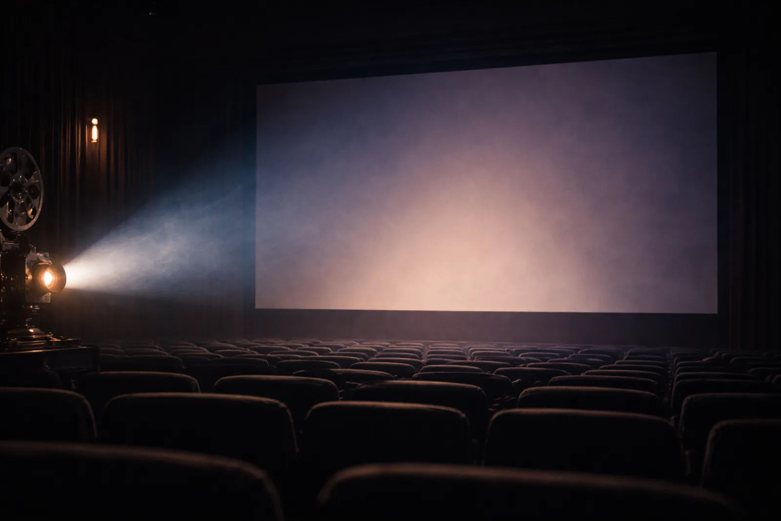 Sala de cine en penumbra con un proyector iluminando una pantalla.