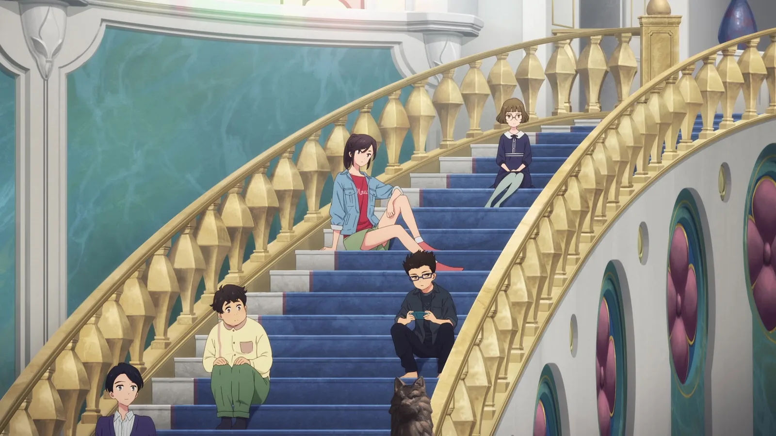 Escena de la película Lonely Castle in the Mirror, los protagonistas sentados en una de las escaleras del castillo. (Keiichi Hara, 2023)