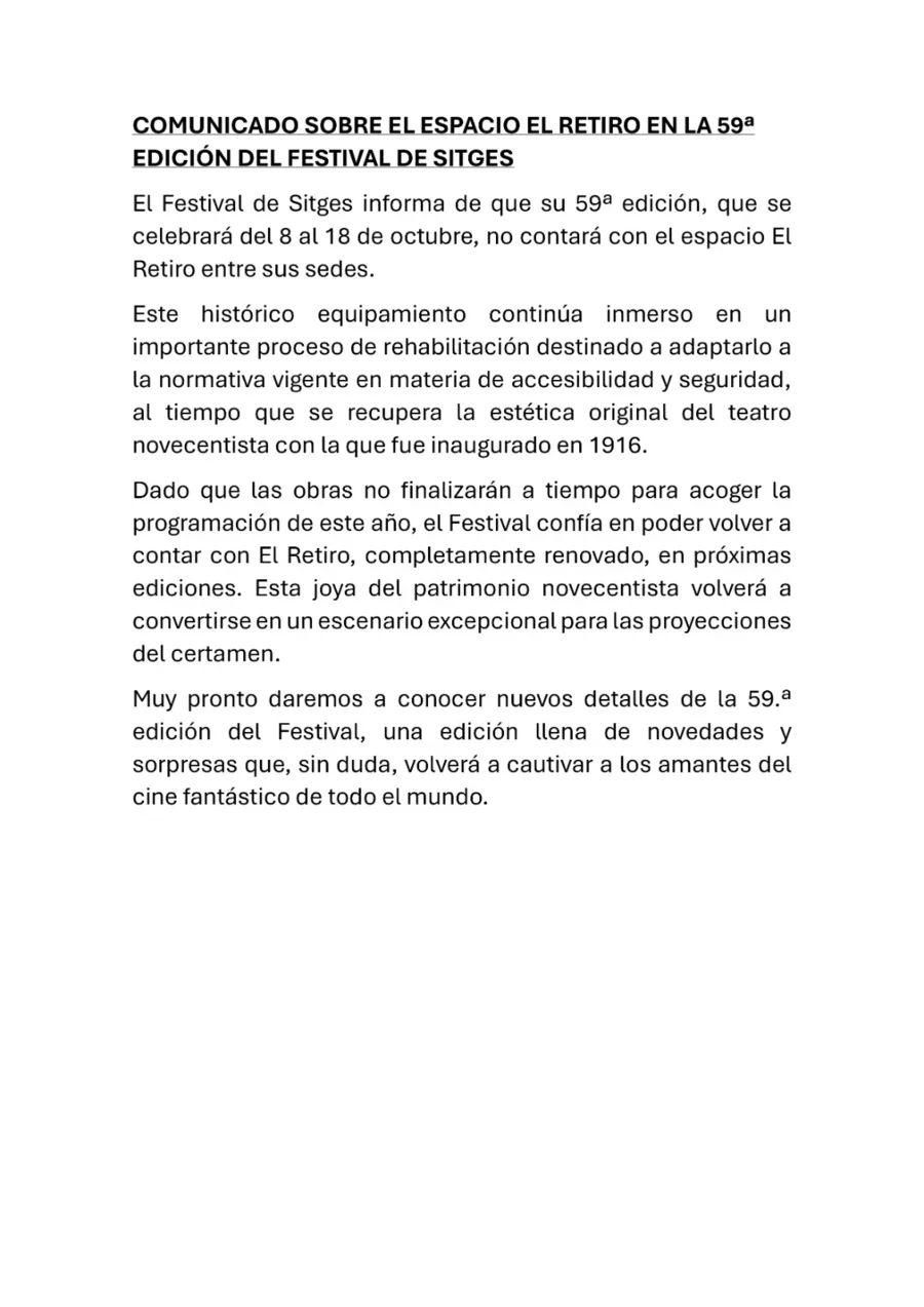 Comunicado oficial sobre el espacio el Retiro para la 59º edicion de Sitges Film Festival 