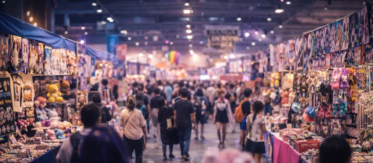 Convención stands, cosplay y ambiente animado