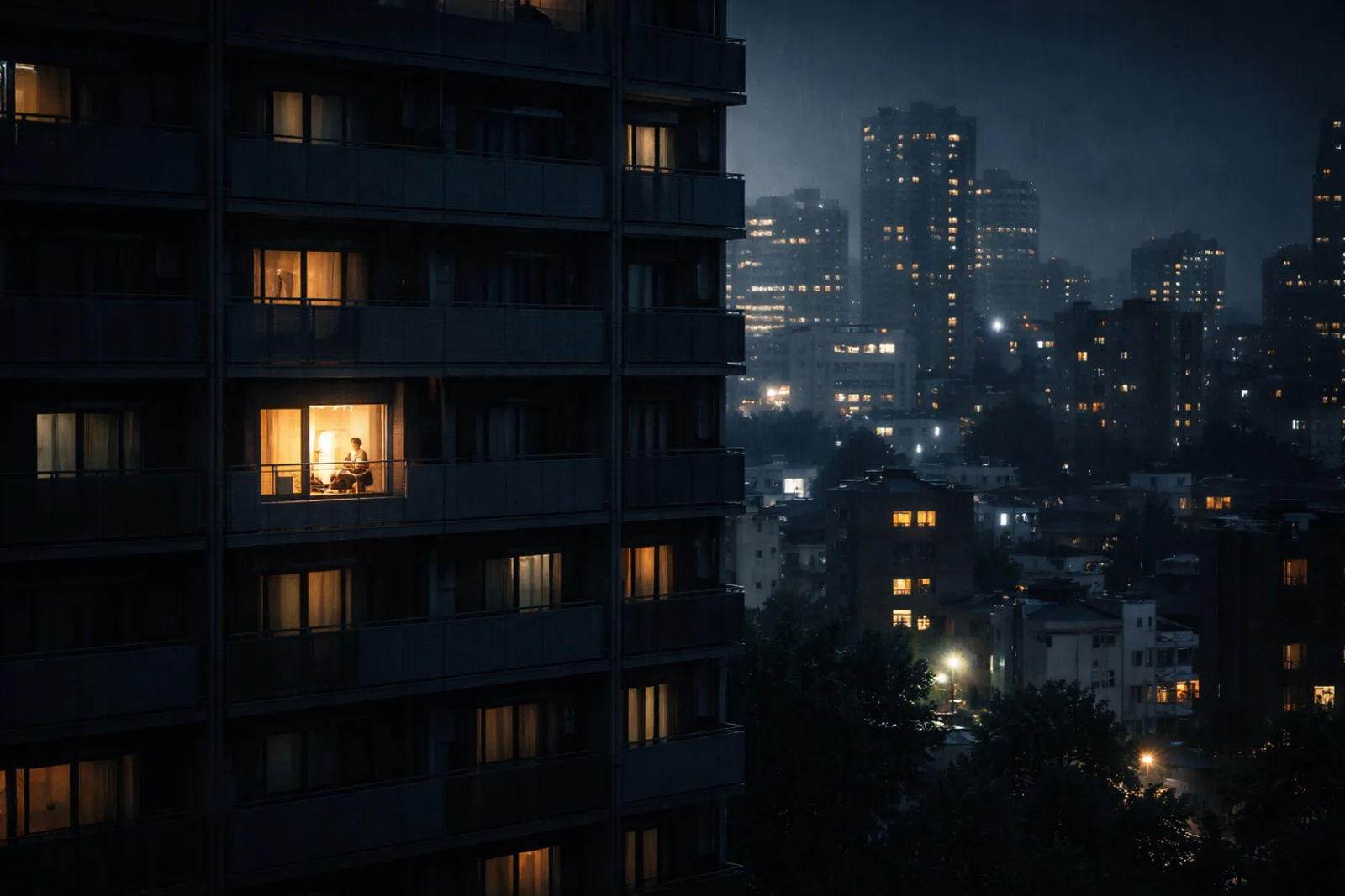 Edificio de apartamentos en Tokio al anochecer con una sola ventana iluminada bajo la lluvia, atmósfera de soledad urbana