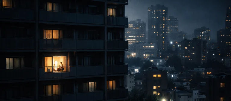 Edificio de apartamentos en Tokio al anochecer con una sola ventana iluminada bajo la lluvia, atmósfera de soledad urbana