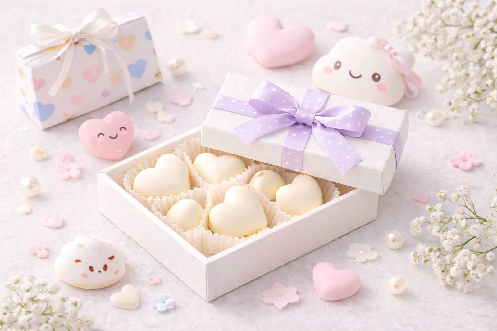 Caja de chocolates blancos y dulces kawaii típica del White Day en Japón