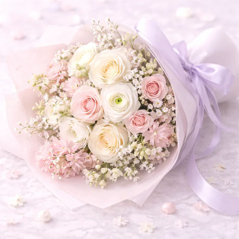Ramo de flores blancas y pastel típico de regalo romántico en White Day