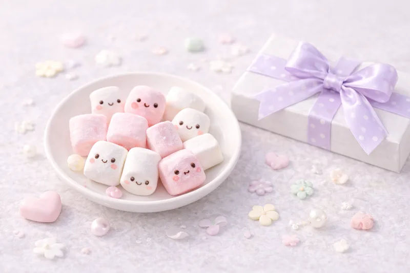 Marshmallows kawaii en plato minimalista relacionados con el origen del White Day en Japón
