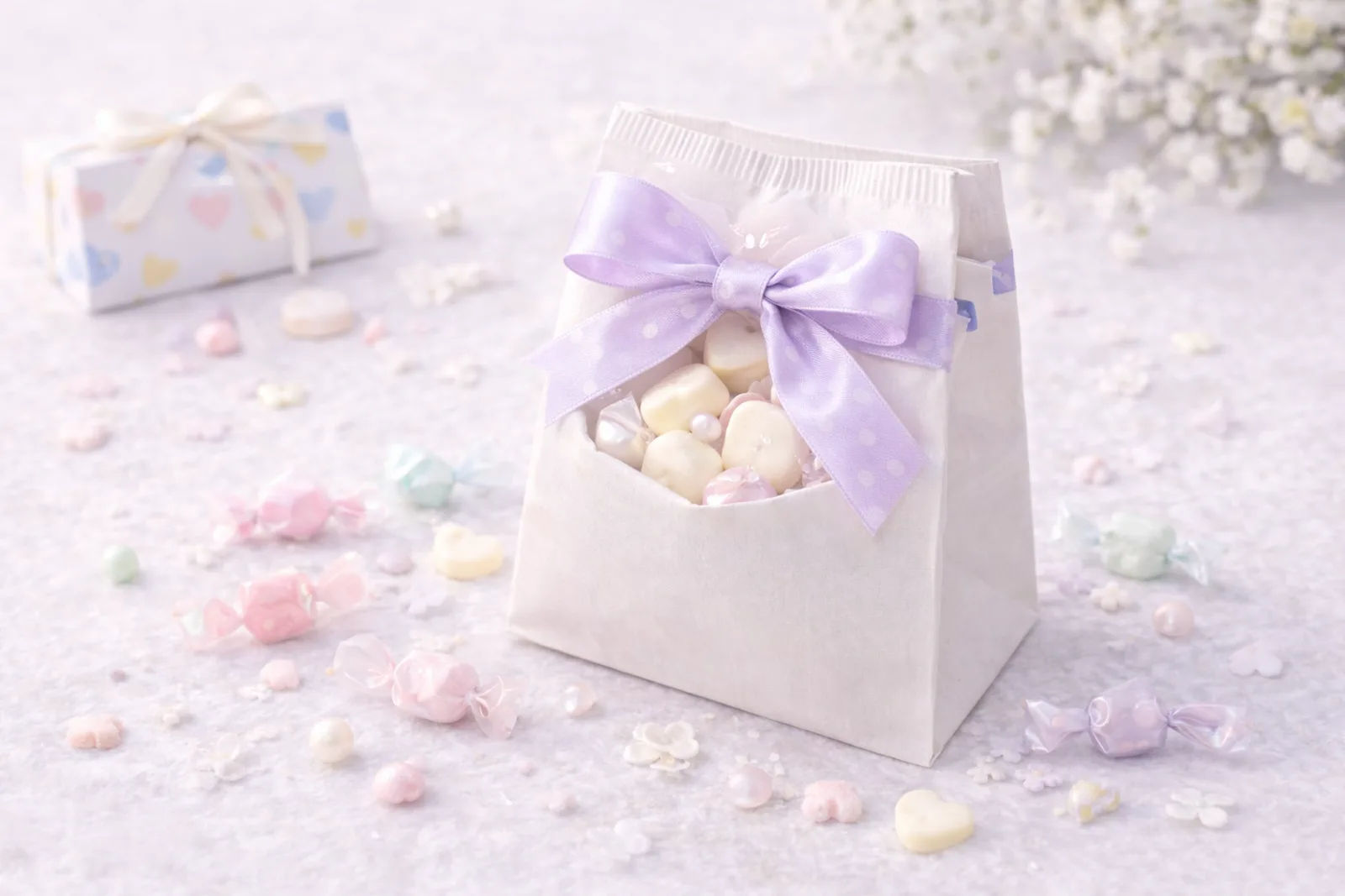 Bolsa de regalo con dulces blancos típica del intercambio de regalos del White Day en Japón