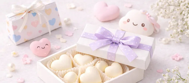 Caja de chocolates blancos y dulces kawaii típica del White Day en Japón