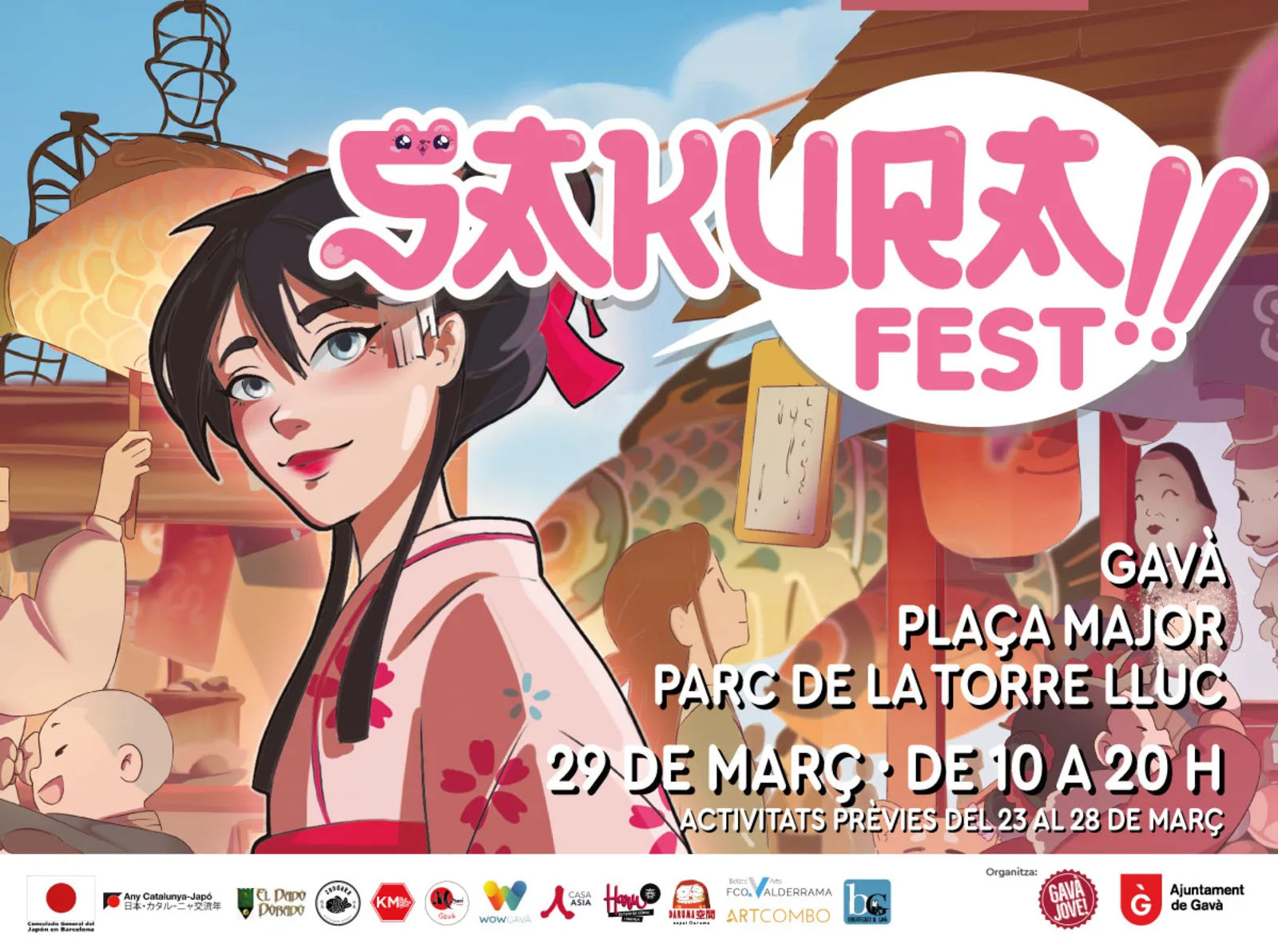 Mujer con kimono paseando por el Sakura Fest Gavà 2026 entre puestos y ambiente japonés