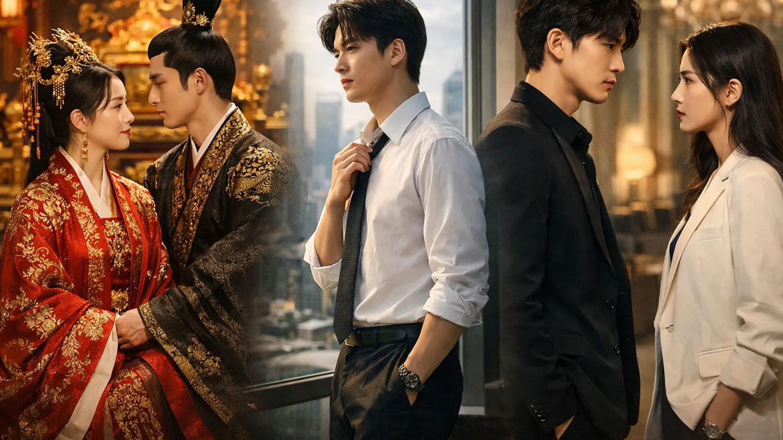 Collage de series chinas con escenas de romance, fantasía y drama histórico en estética cinematográfica