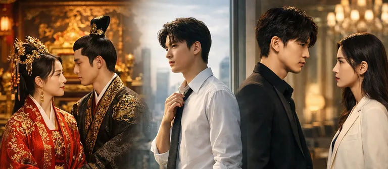 Collage de series chinas con escenas de romance, fantasía y drama histórico en estética cinematográfica