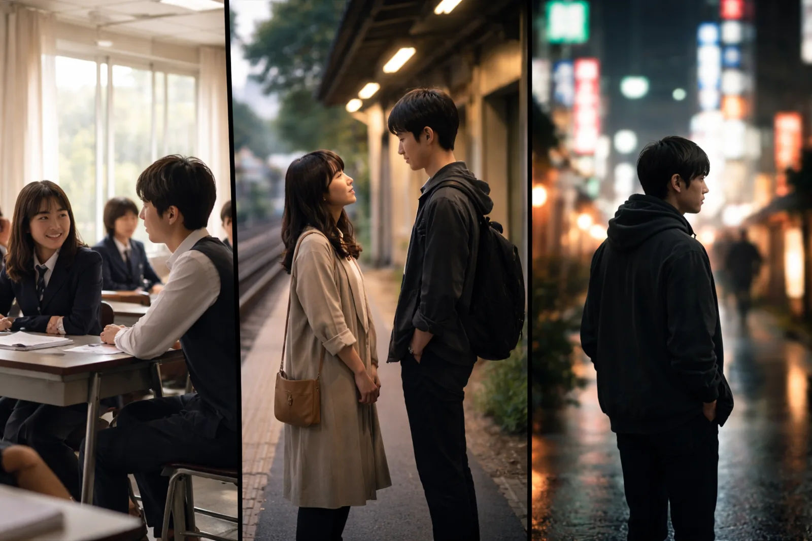 Collage de series japonesas con escenas de romance, comedia y thriller