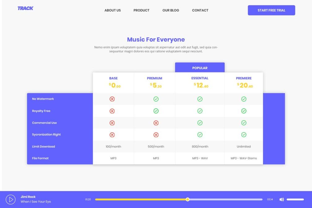 Pricing Table Music Player Premium