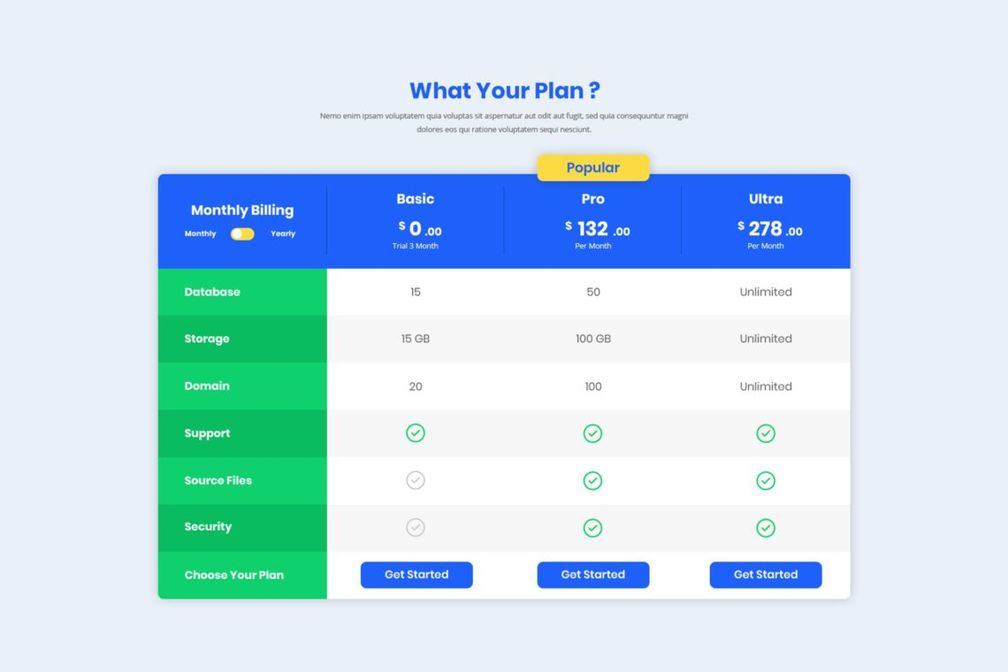Pricing Table Website Server Package