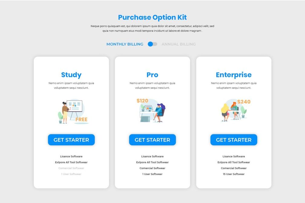 pricing table purchasing option kit